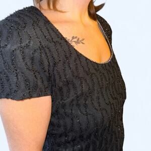 Vintage 80s 90s black sparkly party dress w/ shoulder pads and rhinestones